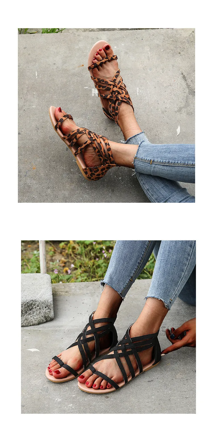 Women's Braided Cross Strap Back Zip Roman Shoes