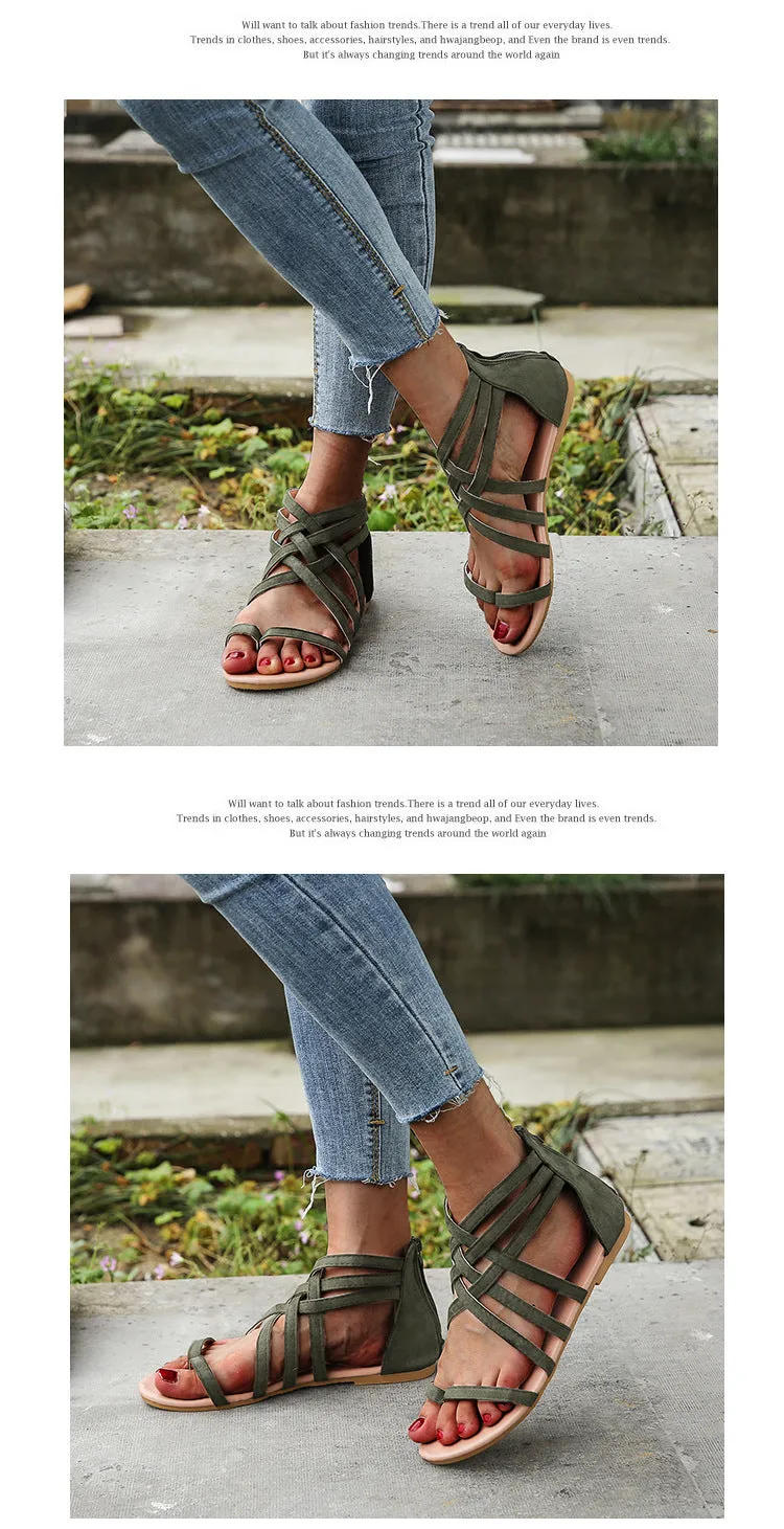 Women's Braided Cross Strap Back Zip Roman Shoes