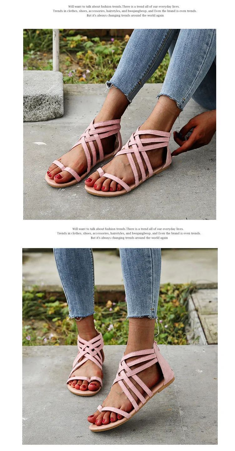 Women's Braided Cross Strap Back Zip Roman Shoes